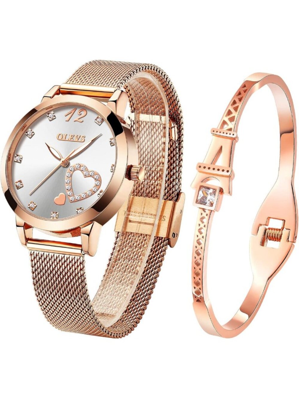 Slim Rose Gold Women's Watch & Bracelet Set - Casual Dress Wrist Accessory